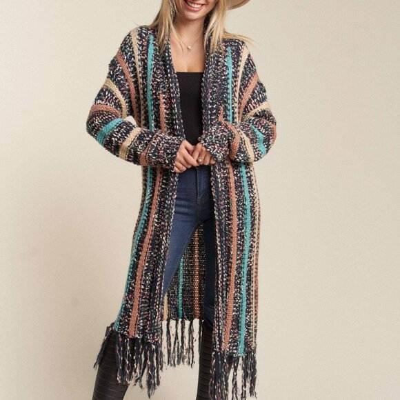 NWT MADELYN Fringe Hem Multi-Stripe Duster Cardigan Navy Peach Teal Size Large - Picture 1 of 3